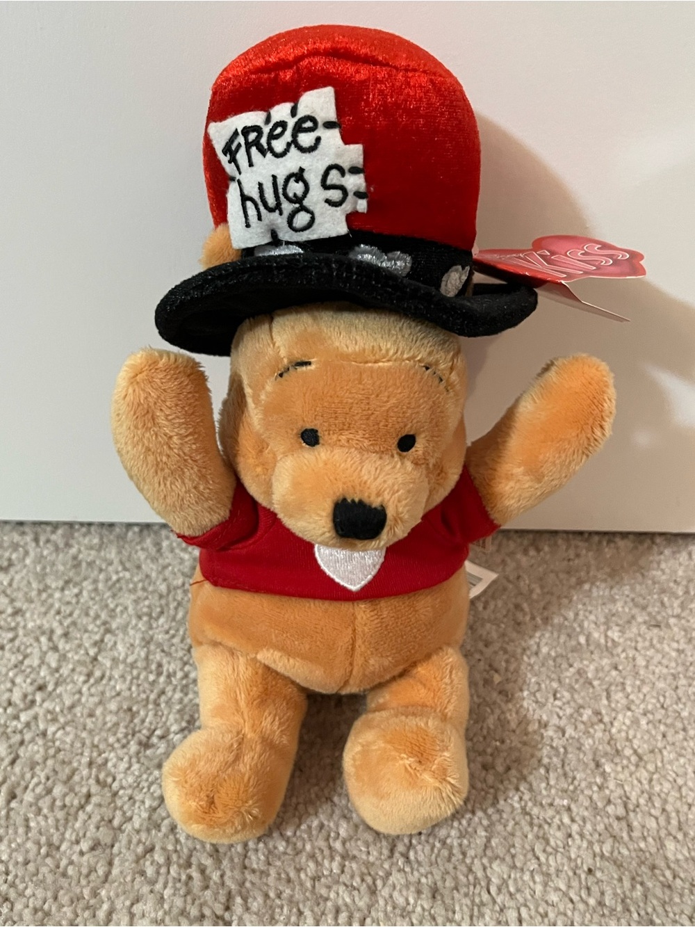 Disney Pooh Bear Plush with Red Shirt and Red/Black 'Free Hugs' Hat NWT